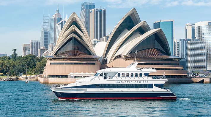 Dining saloon and outer decks of the Magistic offer great views of Opera House and the city skyline